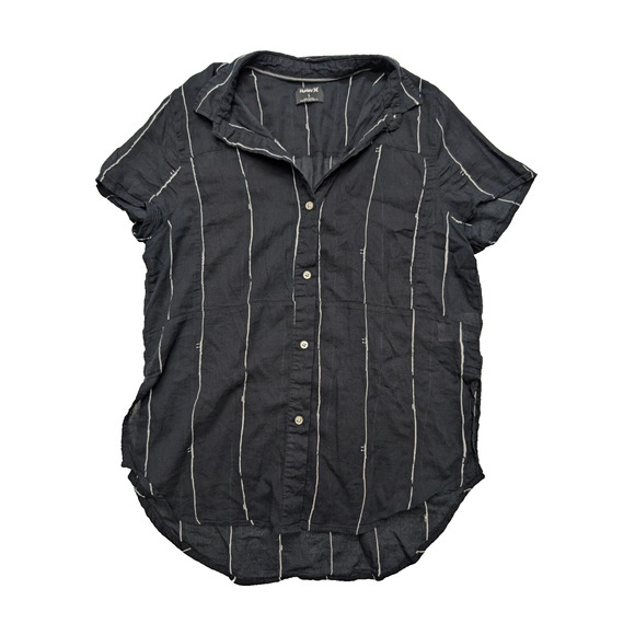Hurley Women Medium Button Up Short Sleeve Shirt Black White Striped - Picture 1 of 6